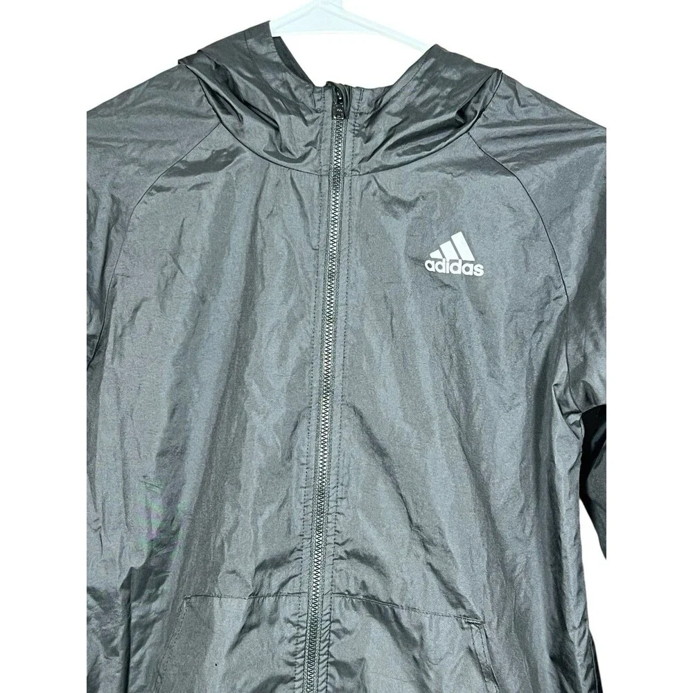 Adidas‎ Kids Boys Girls Windbreaker Jacket 10/12 Black Hooded Zip Up Logo Flaw